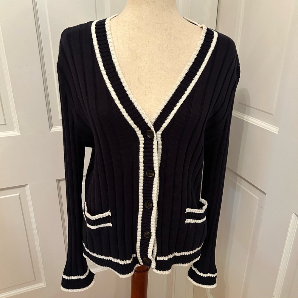 FAHERTY Game Set Ribbed Knit Cardigan Navy Sz Lg Cashmere Organic Cotton‎ - Picture 2 of 11